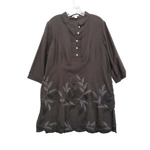 Coldwater‎ Creek Tunic Dress Brown Silk Blend Embroidered Floral 3/4 Sleeve L